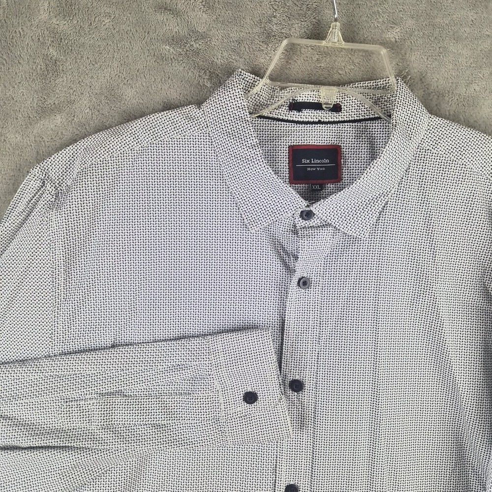 Six Lincoln Mens Dress Shirt 2XL White Blue Geometric Long Sleeve Stretch XXL